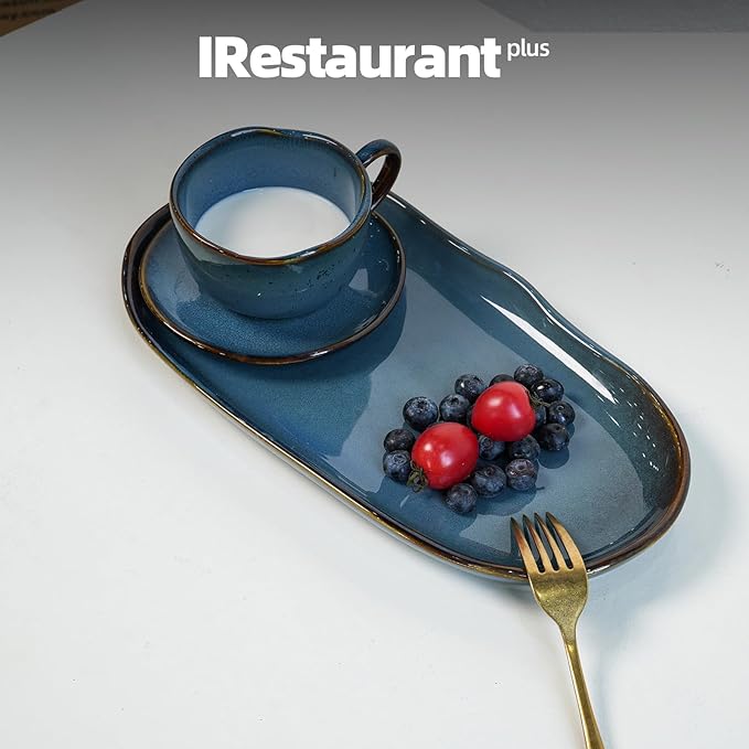 Organic Shape Restaurant Serving Tray 11.5 X 5.125", Commerical Grade Catering Stoneware Tray in Ir-regular Organic Shape, Chip & Scratch Resistant, Glossy Reactive Glaze Blue, Case of 12