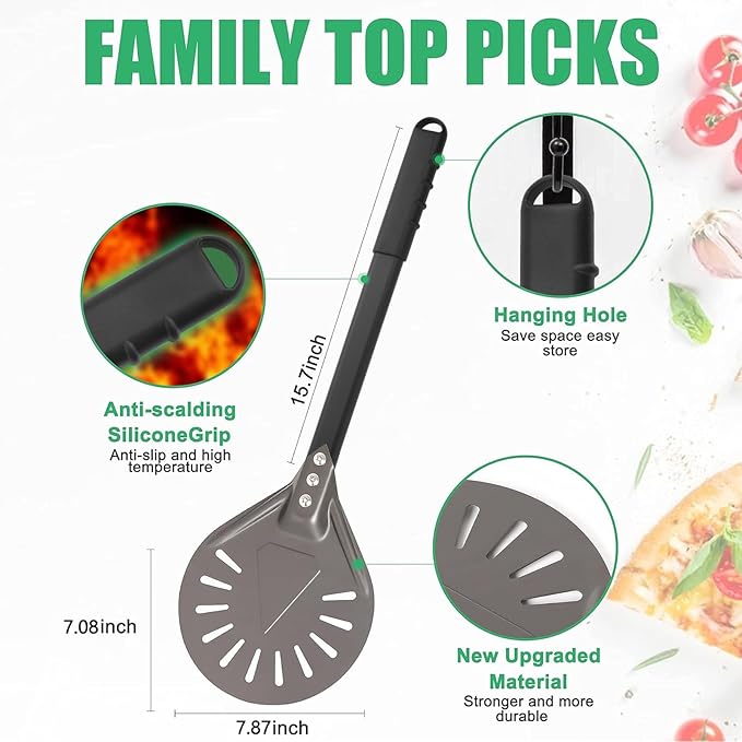 Pizza Turning Peel 8 Inch Round Aluminum Perforated Pizza Peel Turner with Metal Handle Pizza Paddle for Homemade Pizza Oven Accessories