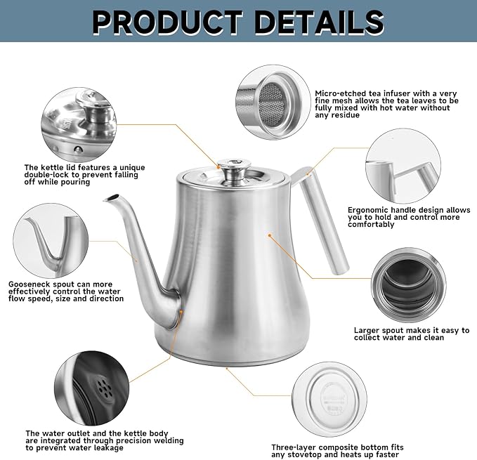 68OZ/2000ML Stainless Steel Teapot with Removable Infuser, Stovetop Safe Tea Maker Water Kettle for Loose Leaf & Tea Bags, Silver
