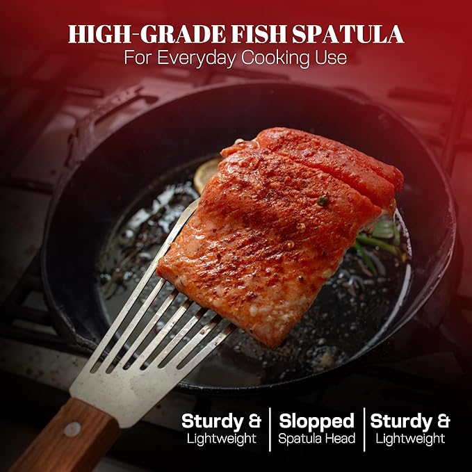 1 Slotted Elegant Silver Fish Turner Spatula - Metal Fish Spatula with 6.5 inch Blade & Ergonomic Wooden Handle - Ideal for Home and Professional Chefs