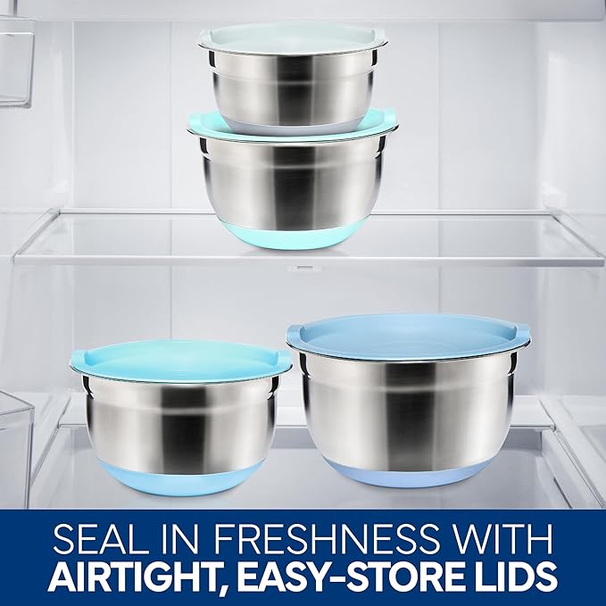 COOK WITH COLOR Stainless Steel Mixing Bowls Set with Lids - Nesting Bowls with Non-Slip Bottom, Blue, 12 Pieces