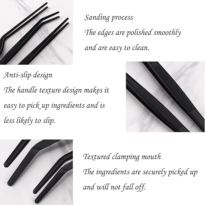 Professional Stainless Steel Food Tongs Stainless Steel Kitchen Tweezers Tongs Set 11.8 Inch Professional Chef Cooking Tools for BBQ Plating Baking (3, Black)