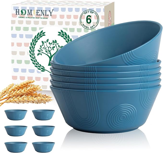 Homienly Wheat Straw Bowls - 36 Oz Soup Bowl Set 6 Unbreakable Dinnerware, Microwave and Dishwasher Safe Bowls, Alternative to Plastic Bowl Reusable, Bowls for Kitchen, Soup, Dinner, Pho(Navy Blue)