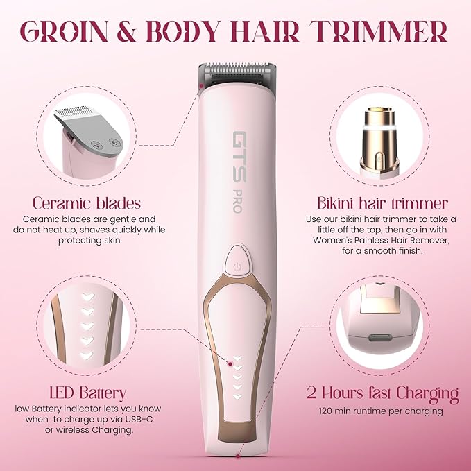 Bikini Trimmer for Women Electric Razor 2 Pack Dual Head Body & Facial Hair Remover -Waterproof USB Rechargeable with Replacement Ceramic Blades, Travel Pouch & Packaging Box(Pink)-BrightBean Baby