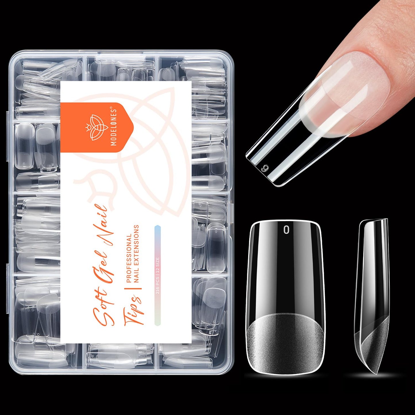 modelones Medium Square Nail Tips, Pre-shaped Soft Gel Tips Fake Nails False Acrylic Clear Full Cover Press on Extension Kit Gel Manicure DIY at Home 216PCS 12Sizes-BrightBean Baby