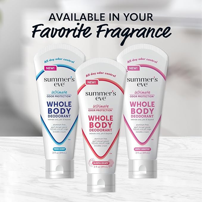Summer's Eve, Whole Body Deodorant for Women, Ultimate Odor Control, Aluminum Free Deodorant, 3 Fl Oz + Simply Sensitive Daily Refreshing Feminine Wipes, Removes Odor, pH Balanced, 12 Count-BrightBean Baby