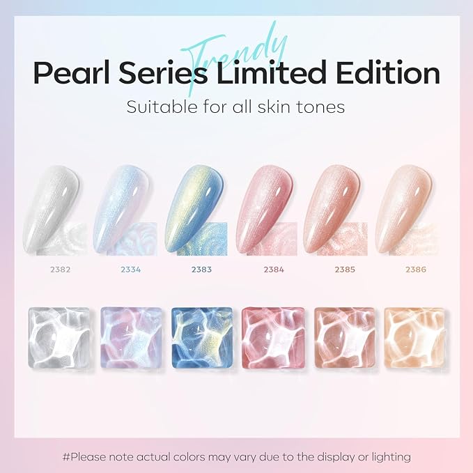 modelones Pearl Gel Nail Polish, 6 Colors Shimmer Glitter Iridescent White Nude Blue Pink Mermaid Nail Drawing Soak Off Gel Polish Swirl Shell Thread Effect Gift DIY at Home with Dotting Pen-BrightBean Baby
