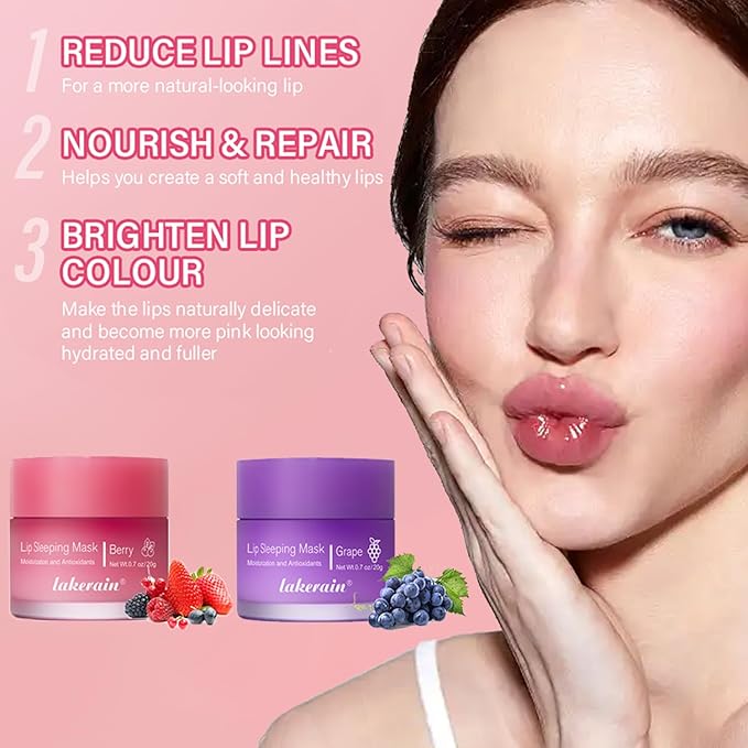2PCS Lip Sleeping Mask, Lip Mask Overnight, Moisture & Lip Plumper Lip Wrinkles, Repair Lip Balm Prevention Dry and Cracked Lip Scrubs Exfoliato Smoothing Dry Lip Mask (Berry + Grape)-BrightBean Baby