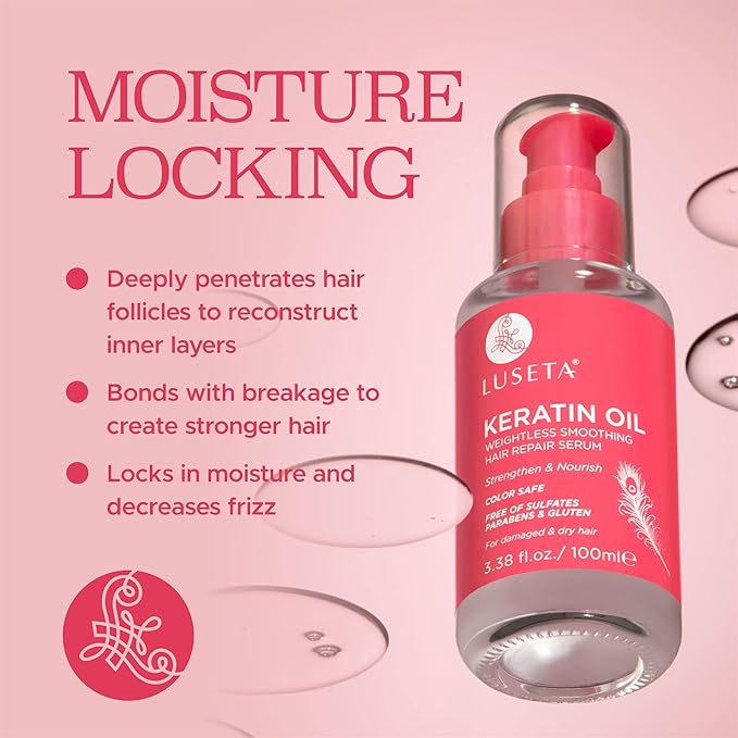 Luseta Keratin Hair Oil Serum for Color Treated Damaged & Dry Hair Strengthening & Nourishing, Keratin Hair Treatment Oil, Free of Sulfates, Paraben and Gluten 3.38 oz-BrightBean Baby