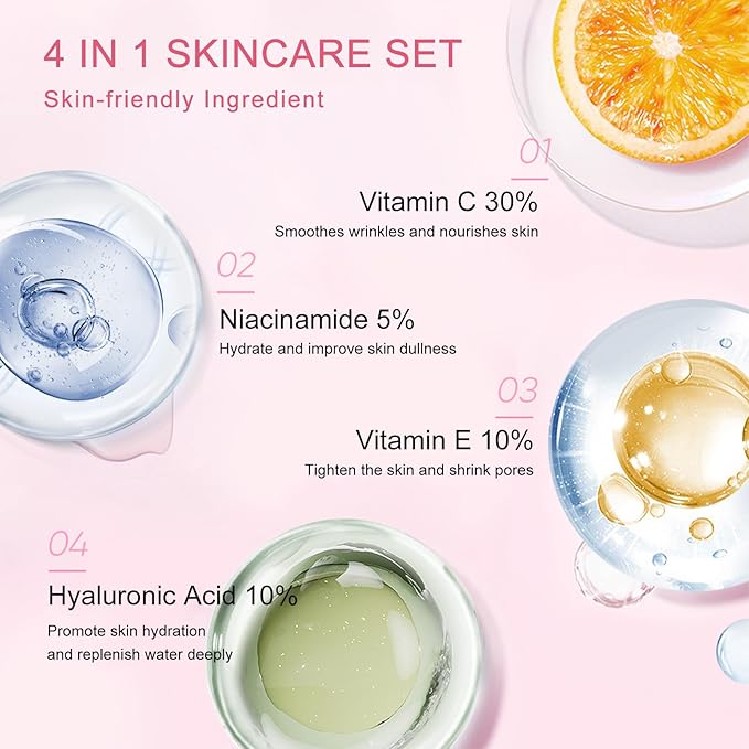 4 IN 1 Face Care Kit, Gifts for Women, Anti Aging Skin Care Set, Reduce Wrinkles with Hyaluronic Acid, Niacinamide, Vitamin C, Vitamin E, Daily Skin Care Routine, Face Skin Care Kit for Women Gift-BrightBean Baby