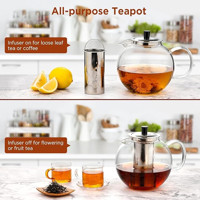 1500ml Glass Teapot with Removable Stainless Infuser(50oz), Ehugos Stovetop Safe Large Tea Pot, Hand Crafted Kettle for Women and Adult, for Loose Leaf Tea, Hot and Iced Water, Juice Beverage