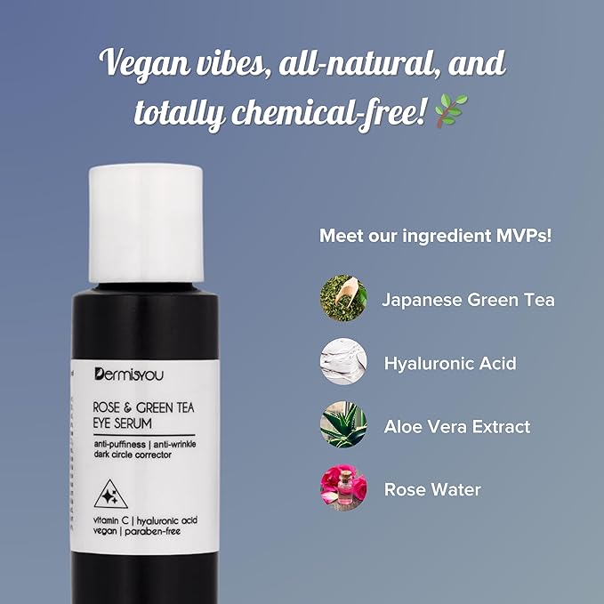 Eye Serum Anti Aging Rose and Green Tea 1.33 OZ with Hyaluronic Acid, Vitamin C and E Anti Puffiness, Anti Wrinkle, Dark Circles Skin Care Products (PACKAGING MAY VARY)-BrightBean Baby