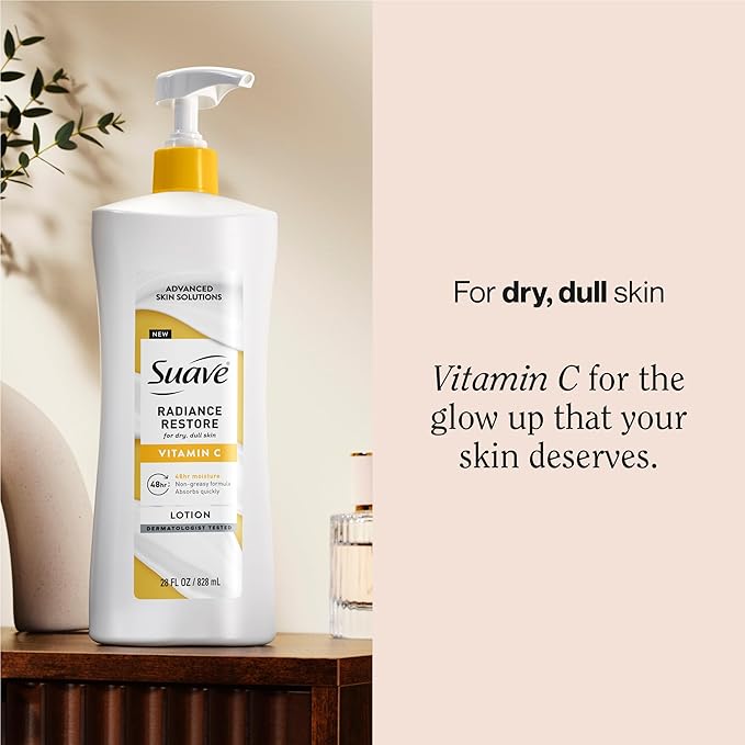 Suave Radiance Restore Hand & Body Lotion For Women With Vitamin C, Brighten & Hydrate Dry, Dull Skin, Non Greasy, Moisturizing Cream Evens Skin Tone, Allergen Free, 28 FL OZ Pump, 4 Pack-BrightBean Baby