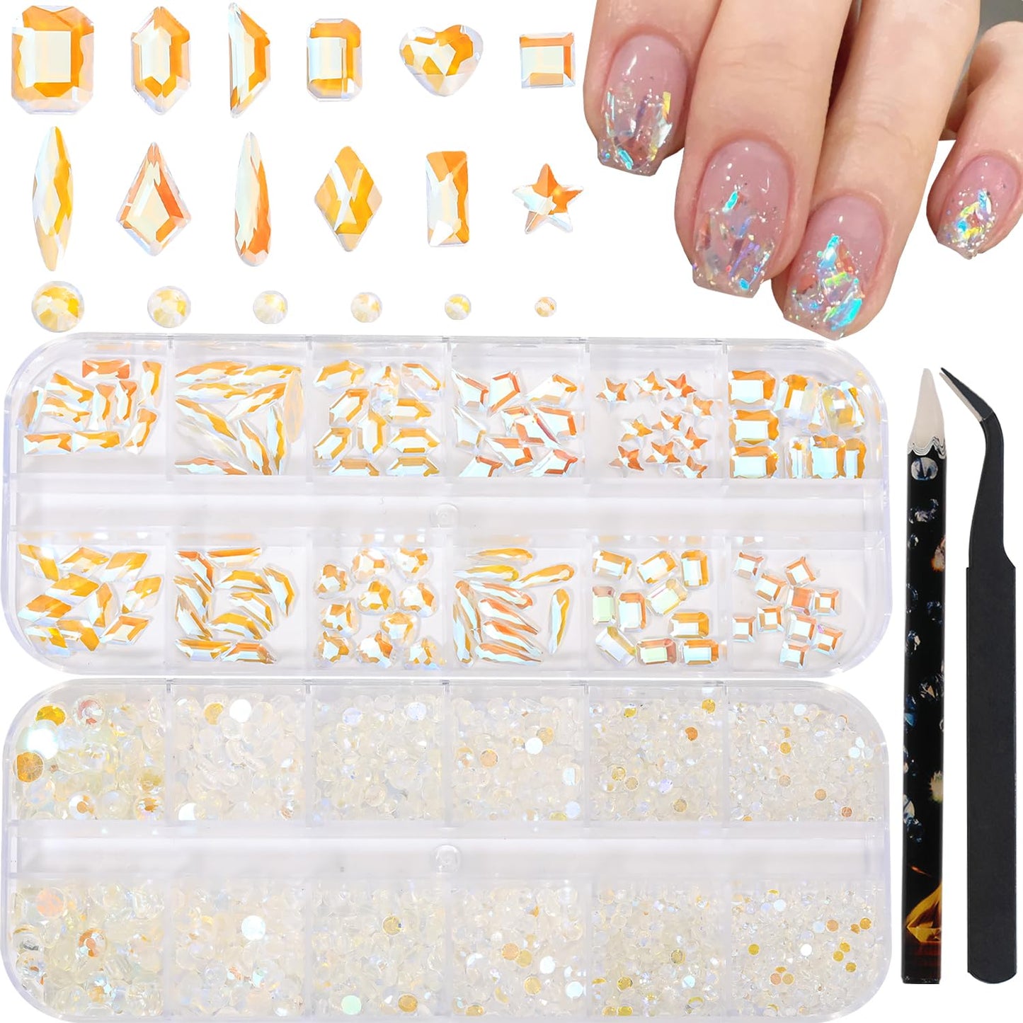 HNUIX Nail Rhinestones - 3D Multi Shape Size Crystal, Crystal Aurora Nail Gems, Flat Back, with Kit, for Nail Art, DIY Decorations-BrightBean Baby
