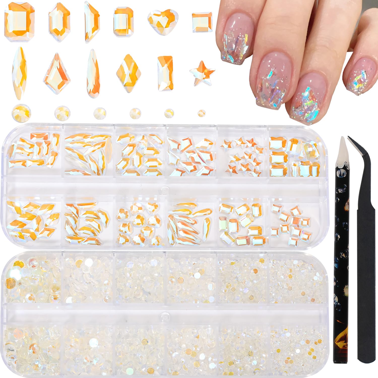 HNUIX Nail Rhinestones - 3D Multi Shape Size Crystal, Crystal Aurora Nail Gems, Flat Back, with Kit, for Nail Art, DIY Decorations-BrightBean Baby