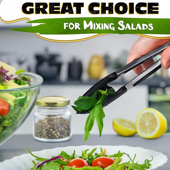 3Pcs Kitchen Tongs with Silicone Tips - Tong Set 7/9/12" | Silicone Tongs for Cooking Heat Resistant, High Temperature, Non Stick, Built-In Lock Ring - Stainless Steel Kitchen Utensils for Cooking