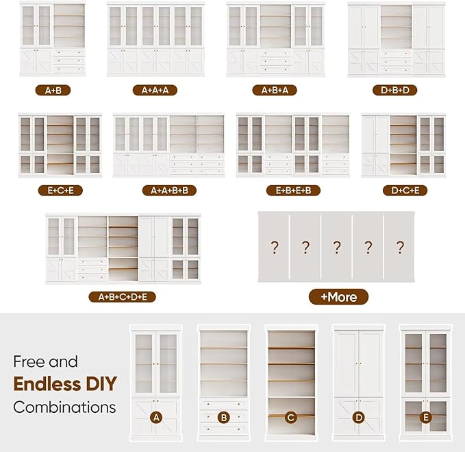 70.8" Tall Farmhouse Kitchen Pantry Cabinet with Glass Doors, Modular Wooden Storage Hutch with 6-Tier Adjustable Shelves for Kitchen or Living Room, White, Set of 2