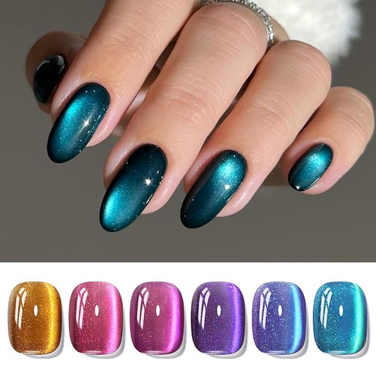 Born Pretty Cat Magnetic Eye Gel Nail Polish Glitter Auroras Magnetic Gel Polish Colorful Holographic Cat Magnetic Eye Nail Art Manicure DIY at Home 6PCS-BrightBean Baby
