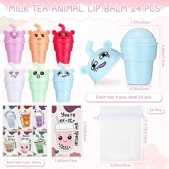 24 Sets Milk Tea Shaped Cute Lip Balm Fruit Flavored Lip Balm with Milk Tea Theme Gift Cards Milk Tea Boba Lover Birthday Baby Shower Party Inspirational Gifts Favors for Girls Kids Women-BrightBean Baby