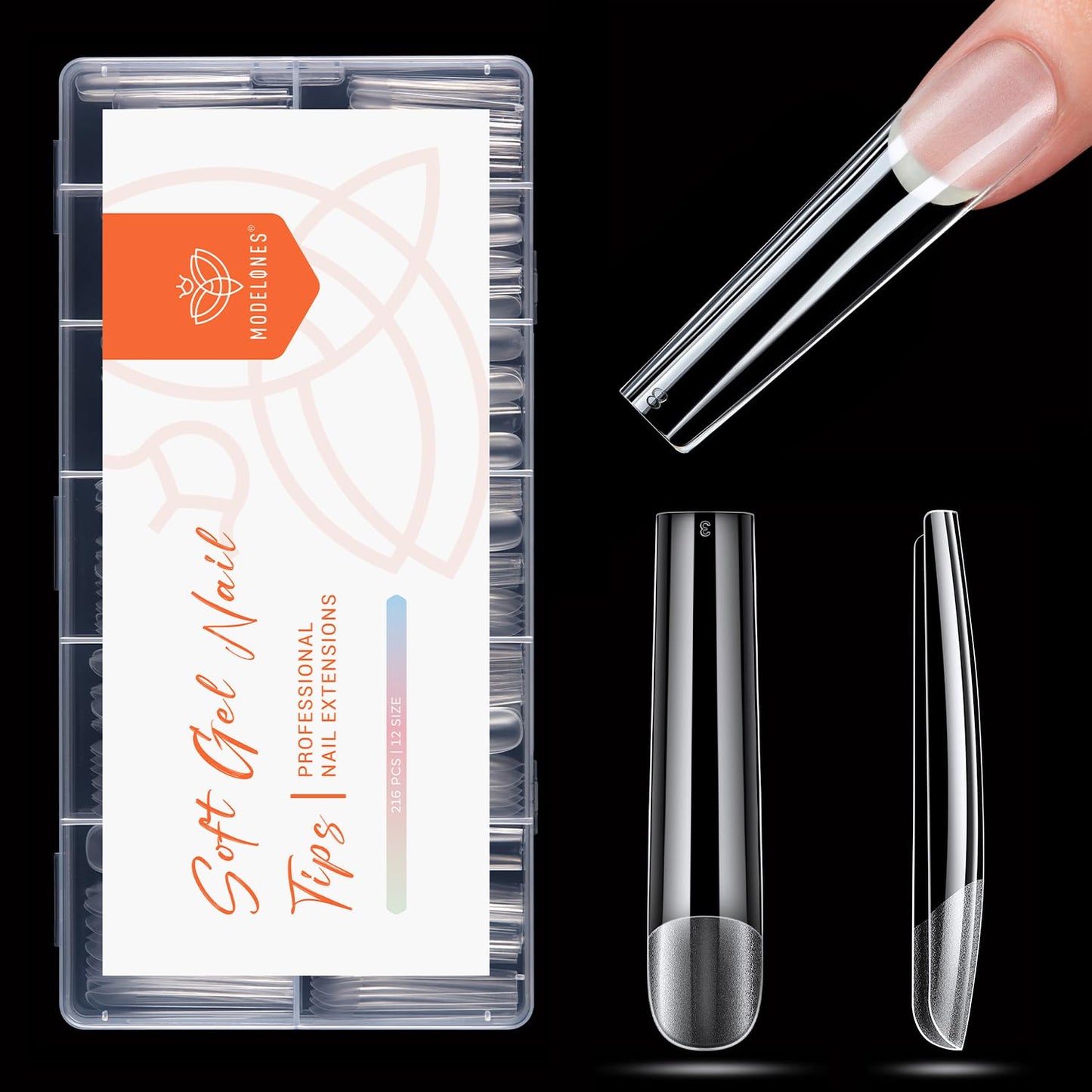 modelones Long Square Nail Tips, 3XXXL Straight Pre-shaped Soft Gel Tips Fake Nails False Acrylic Clear Full Cover Press on Extension Kit Gel Manicure DIY at Home 216PCS 12Sizes-BrightBean Baby