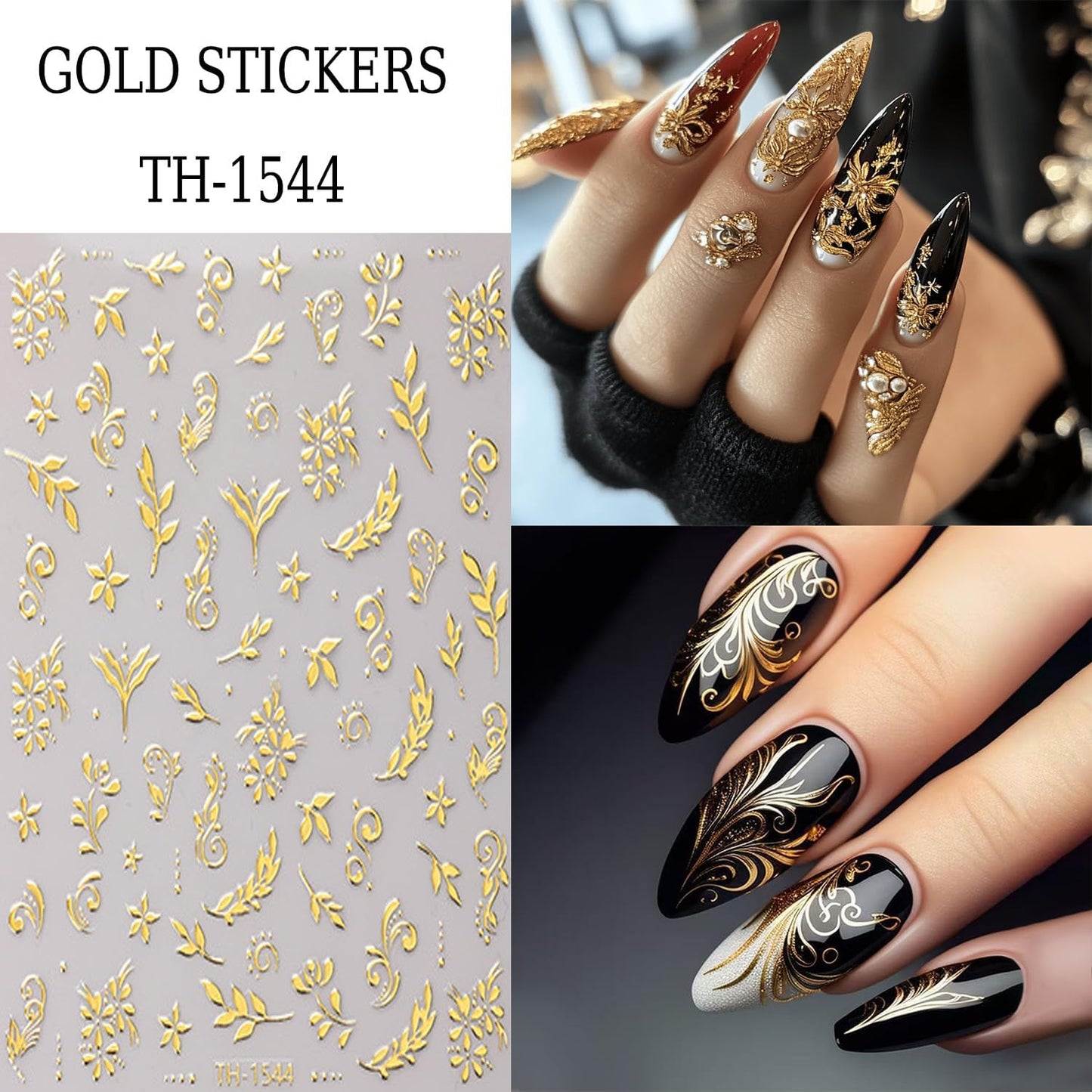 6 Sheets Gold Nail Art Stickers 3D Self -Adhesive Golden Flowers Leaves Nail Decals Holographic Hot Stamping Floral Nail Stickers Summer Blossom Nail Decoration for Women DIY Manicure Supplies-BrightBean Baby