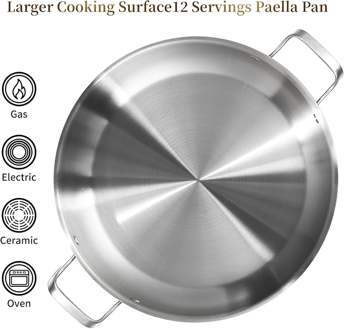 DELARLO 14" Tri-Ply Stainless Steel Nonstick Paella Pan with Lid