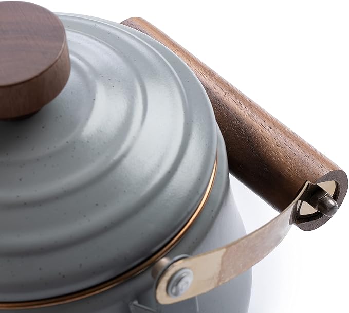 Barebones Enamel Teapot - Vintage Inspired Design - Baked Stainless Steel Rim - FSC Certified Natural Walnut Handle Tea Kettle - 1.5 Liters, 6 Cups (Slate Gray)