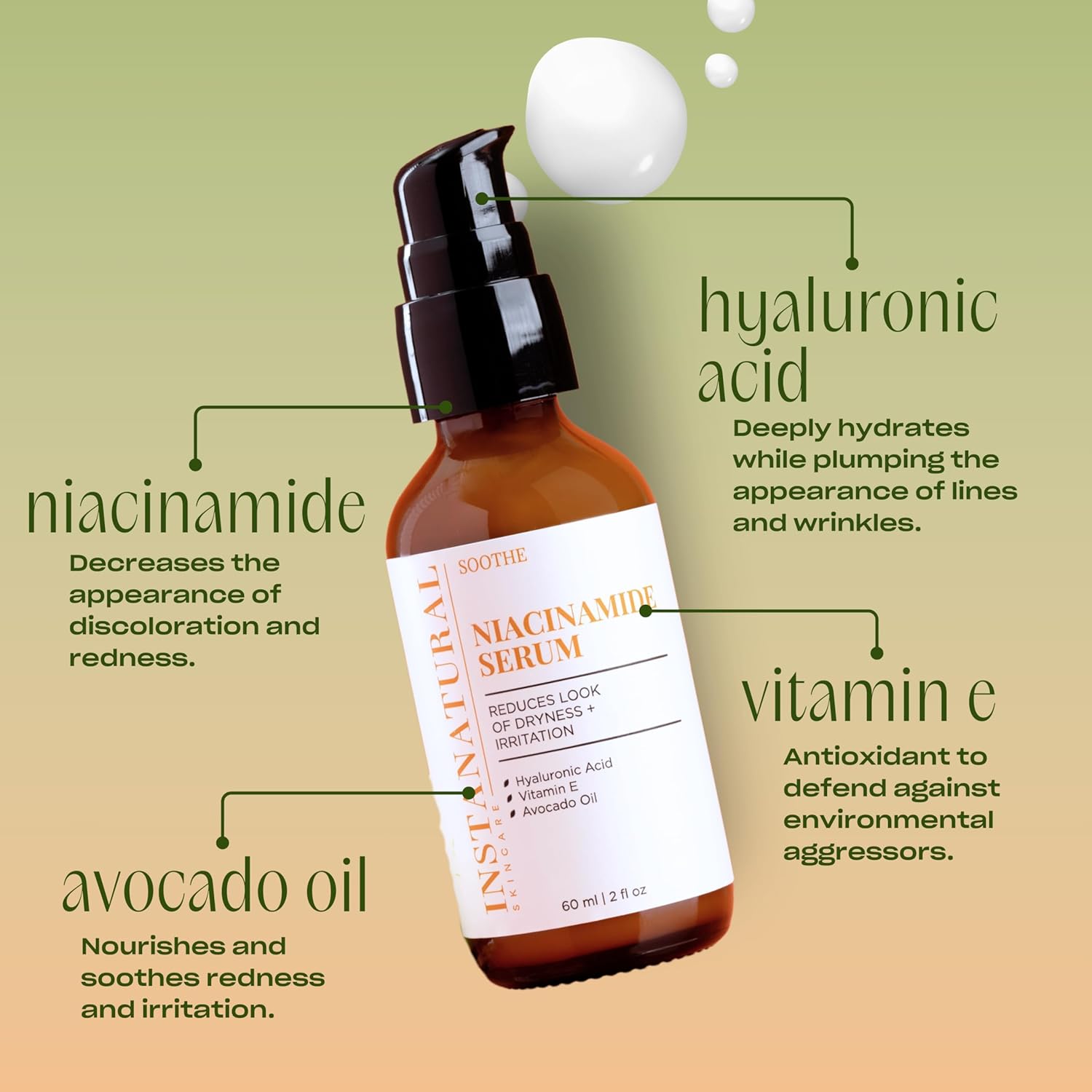 InstaNatural Niacinamide Face Serum, Hydrates, Soothes, Reduces Irritation, Redness, Lines, Wrinkles, and Other Signs of Aging, with Hyaluronic Acid and Vitamin E, 2 Fl Oz-BrightBean Baby