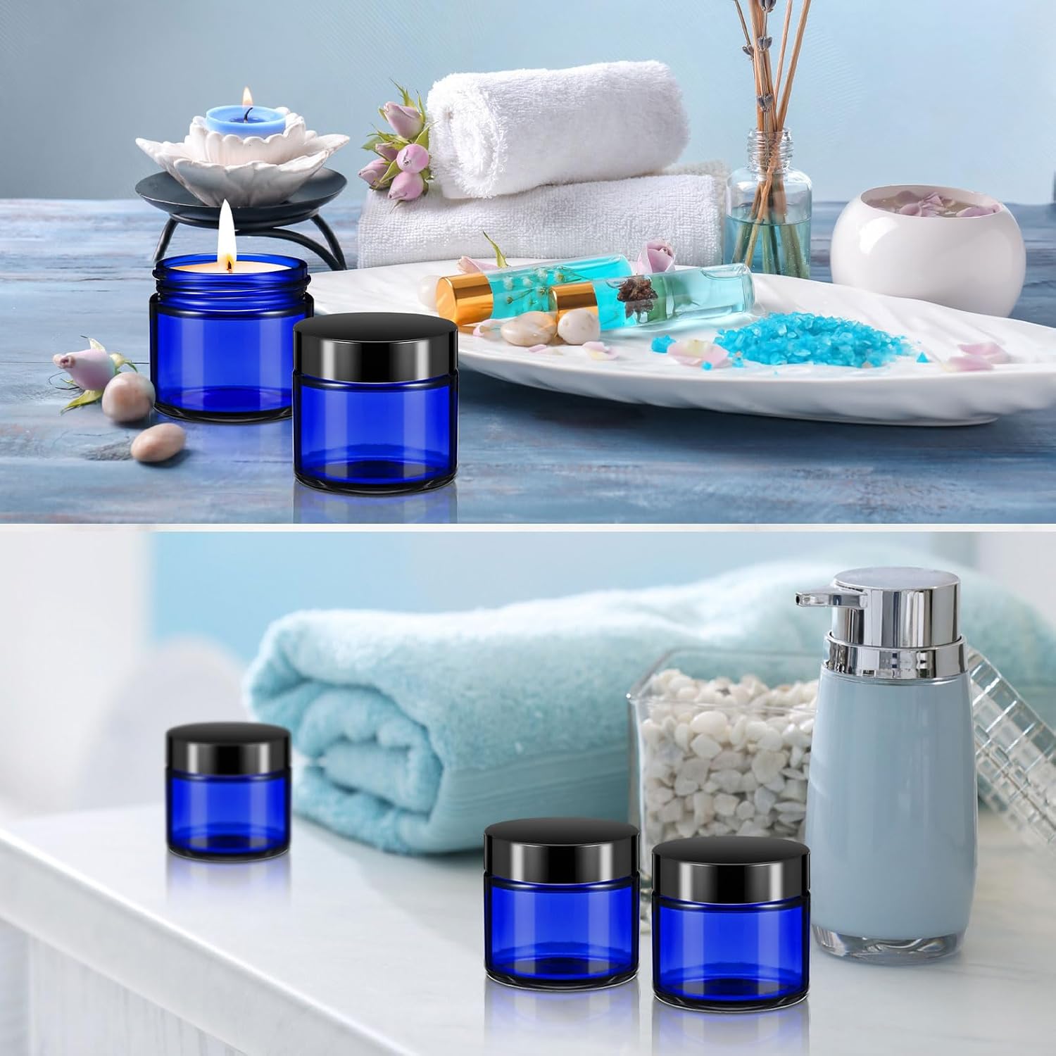 Domensi 48 Pcs 2 oz Glass Jars with Lids Travel Size Round Leakproof Empty Cosmetic Jars with Inner Liners Lid for Storing Makeup Lotions Face Cream Ointments Candle DIY Making (Cobalt Blue)-BrightBean Baby
