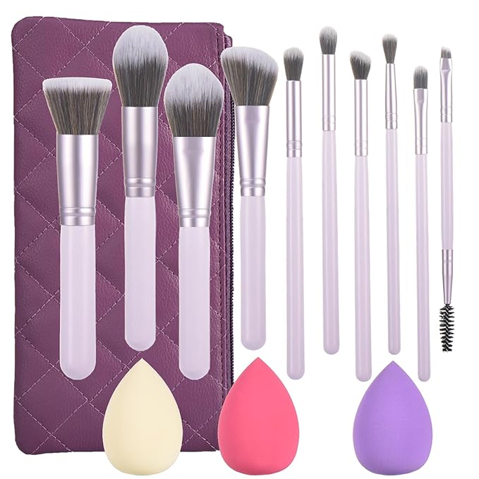 10 Piece Purple Makeup Brushes Set and 3 Piece Makeup Sponge - Wooden Handle with Soft Synthetic Bristles, for Face & Eye Makeup | Professional Cosmetic Brushes | Includes Travel Pouch-BrightBean Baby