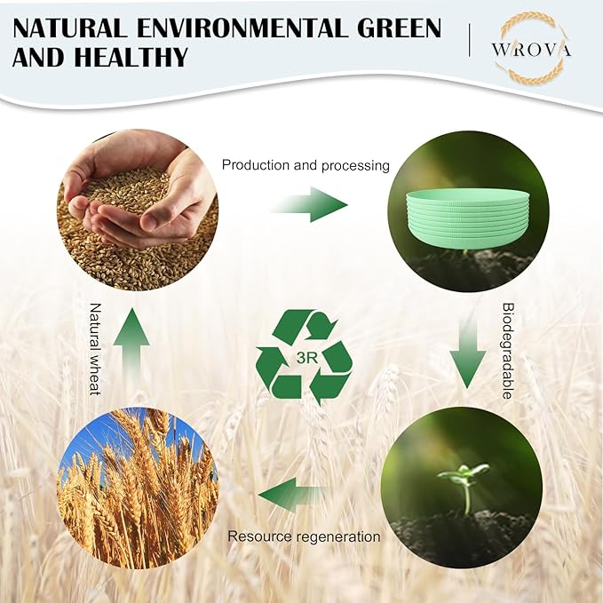 Wrova Wheat Straw Plates - 9 Inch Unbreakable Dinner Plates Set of 8 - Dishwasher & Microwave Safe Plastic Plates Reusable for Kitchen and Camping (Light Green)