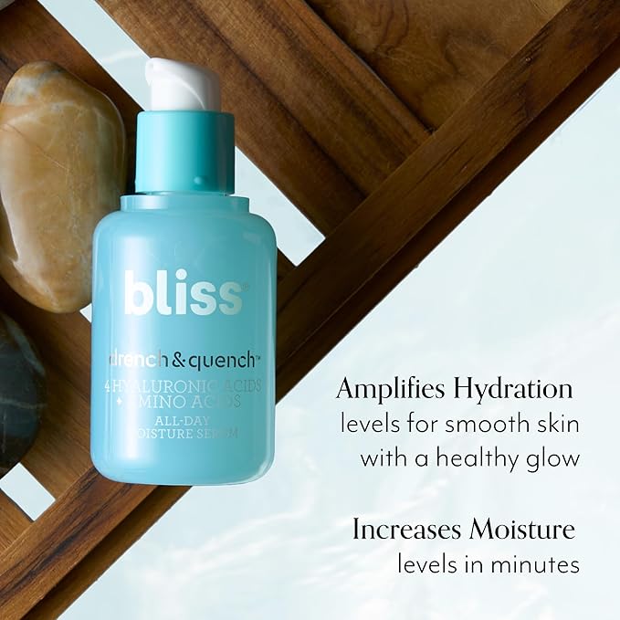 Bliss Hyaluronic Acid Drench & Quench Facial Serum – Hydrating Serum for Dry, Sensitive Skin - Lightweight Gel Formula for Deep Hydration & Plump Skin - Clean, Cruelty-Free - 1 Fl Oz-BrightBean Baby