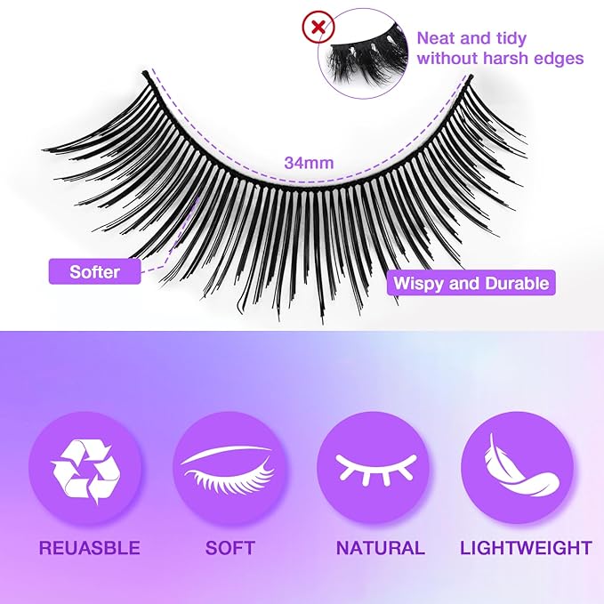 Wispy False Eyelashes Kit With Bond, Seal and Tweezer, 7 Pairs Natural Look Fake Cat Eye Lashes Strips Thin Band Extensions Waterproof Easy Eyelashes for Beginners DF2-BrightBean Baby