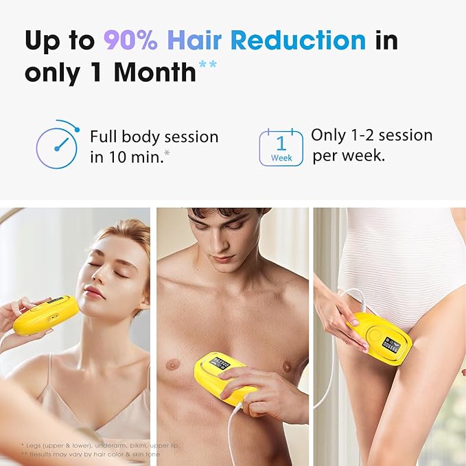 IPL Laser Hair Removal Device for Women & Men - Home 45°F Ice-Cooling Contact for Painless & Long-Lasting Results, 86% Hair Reduction in 3 Weeks for Full Body & Bikini Line, Light Yellow-BrightBean Baby