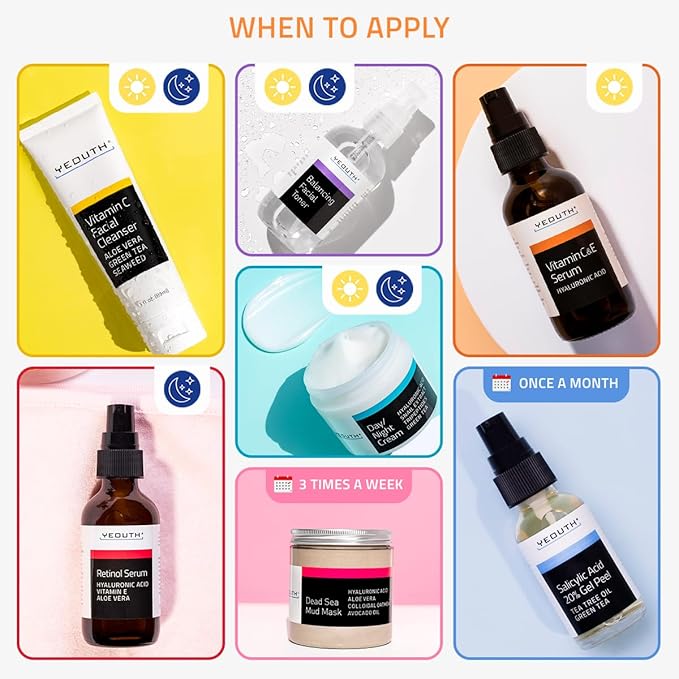 YEOUTH Skin Care Set: Vitamin C Face Wash, Toner, Vitamin C & Retinol Serum, Face Cream, Peel & Mask 7- Piece Skincare Gift Set for Teens, Women & Men-BrightBean Baby