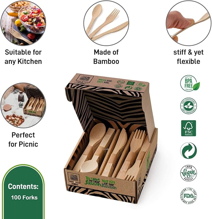 2ZEBRAZ 100% Bamboo Cutlery Set - 100 Forks, Smooth Reusable Biodegradable Silverware, Compostable and Durable Disposable Utensils, Eco-Friendly Flatware in Premium Box