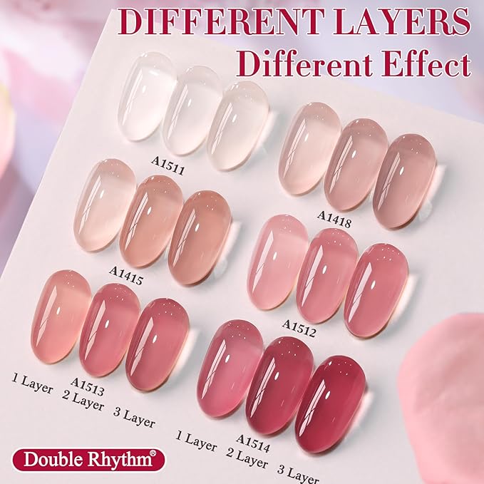 Double Rhythm 6 Pcs 15 ML Gel Polish Set Same Color Same Bottle Soak Off Gel Polish Kit Nail Art Manicure Salon DIY at Home for Women (Jelly Translucent Rose Pink Burgundy Red-T6-2)-BrightBean Baby