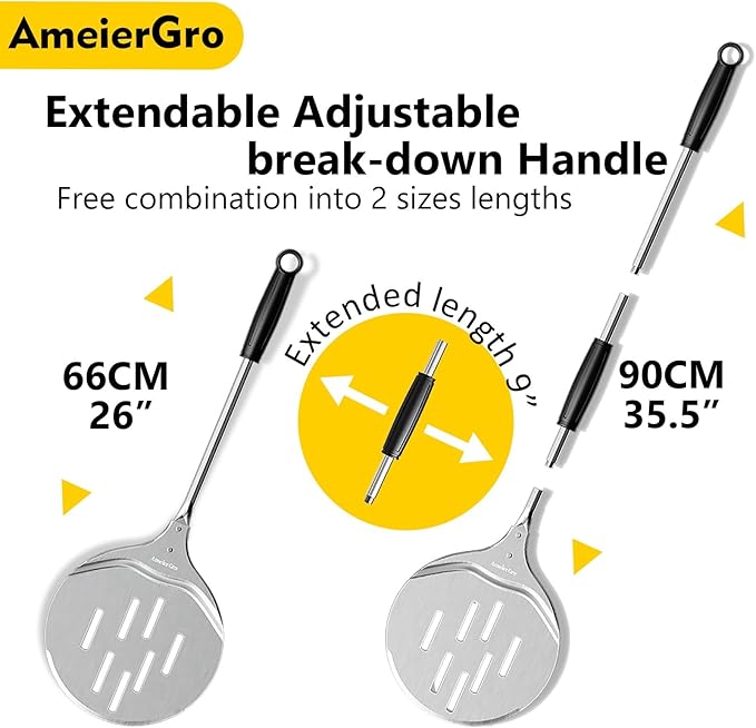 Pizza Peel & Turner, 9" Pizza Spatula with Extendable Handle (26-36" Length)