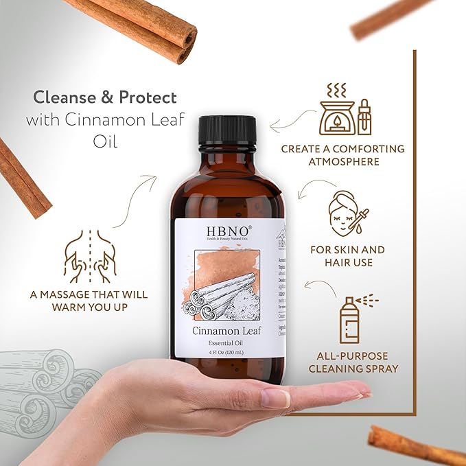 HBNO California Bottled Cinnamon Essential Oil (Leaf) 4 fl oz (120ml) - Natural Cinnamon Essential Oil for Diffuser - Perfect for Cleaning, Aromatherapy, DIY, Soap & Diffuser -BrightBean Baby