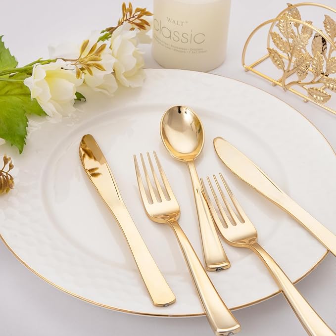 Liacere 200Pcs Gold Plastic Silverware-Gold Plastic Cutlery - Disposable Silverware include 100 Forks 50 Spoons 50 Knives Perfect for Parties&Weddings&Restaurants&Thanksgiving&Fall Decor