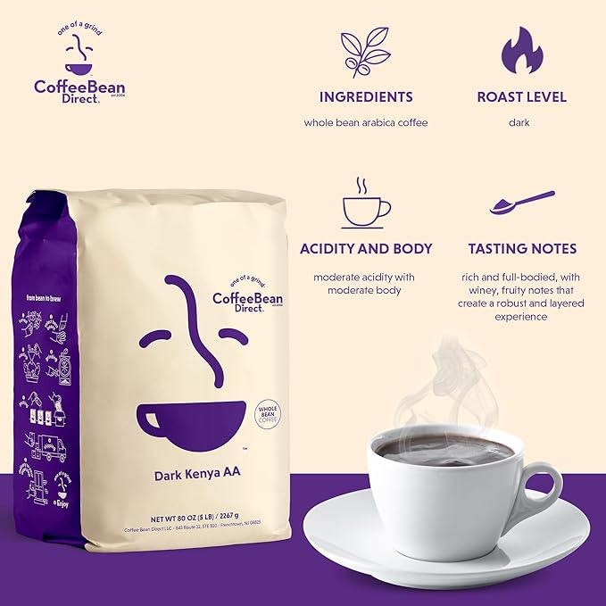 Coffee Bean Direct Dark Kenya AA, Whole Bean Coffee, Dark Roast, 5 Pound Bag (Pack of 1)