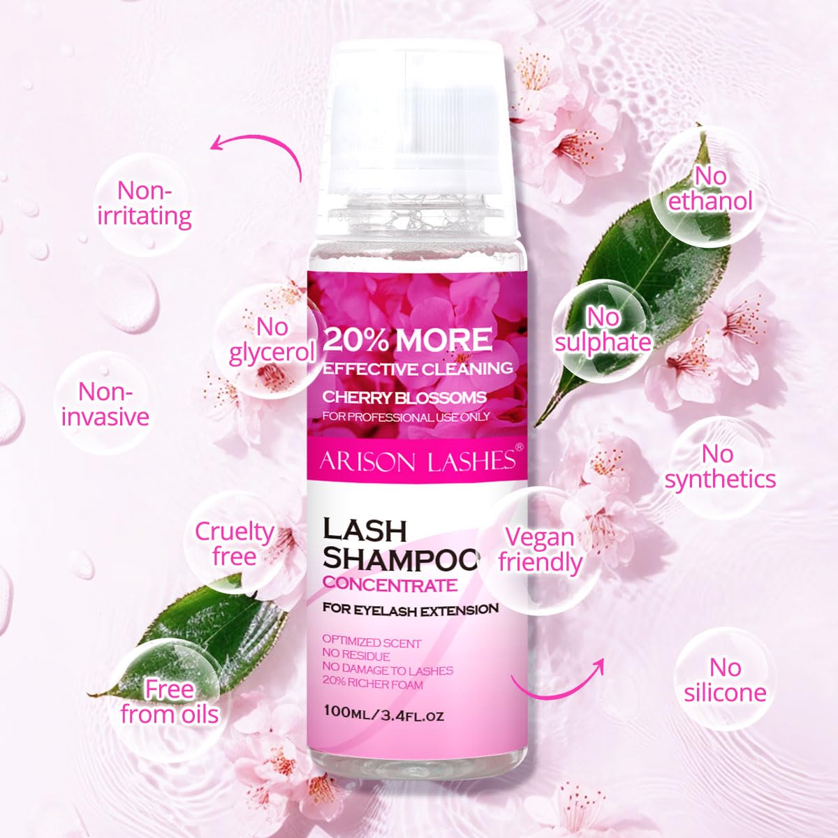 ARISON LASHES Lash Shampoo Concentrate for Lash Extensions 100ML Eyelash Cleanser Concentrate Oil-Free Eyelash Extension Shampoo with Salon Home Care(Cherry Blossom)-BrightBean Baby