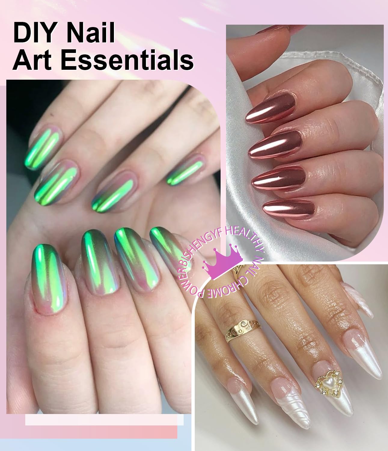 Mermaid Gold Chrome Nail Powder: 6 Colors Mirror Effec Green/Pearl Chrome Nail powder,Magic Mermaid Pink Chrome Nail Powder Pigment for Nail Art Design Home DIY（Laser/Silver）-BrightBean Baby