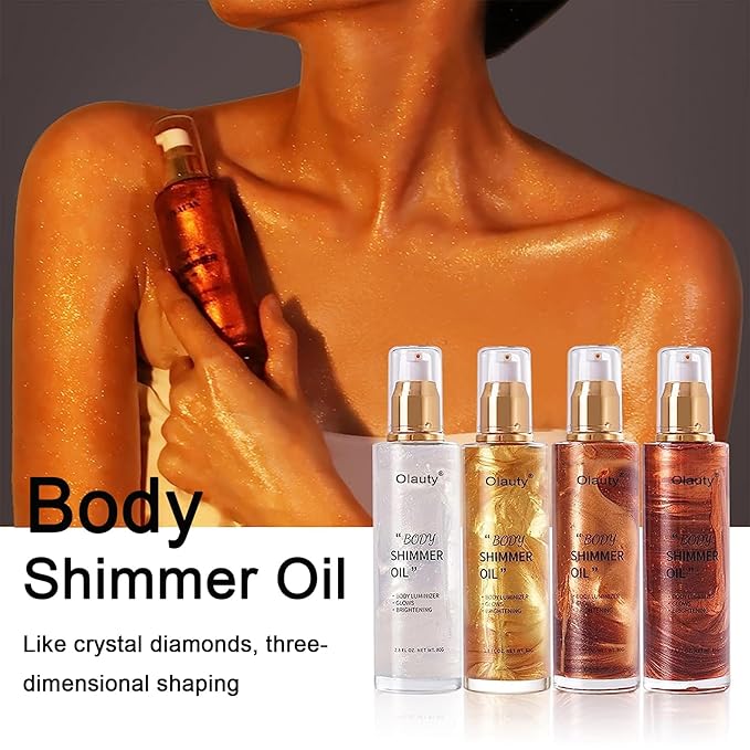Shimmer Body Oil,Face and Body Liquid Luminizer,Waterproof Moisturizing Light Shimmer Glow Illuminator,Smooth Body Shimmer,Liquid Highlighter Makeup ((Gold)-BrightBean Baby