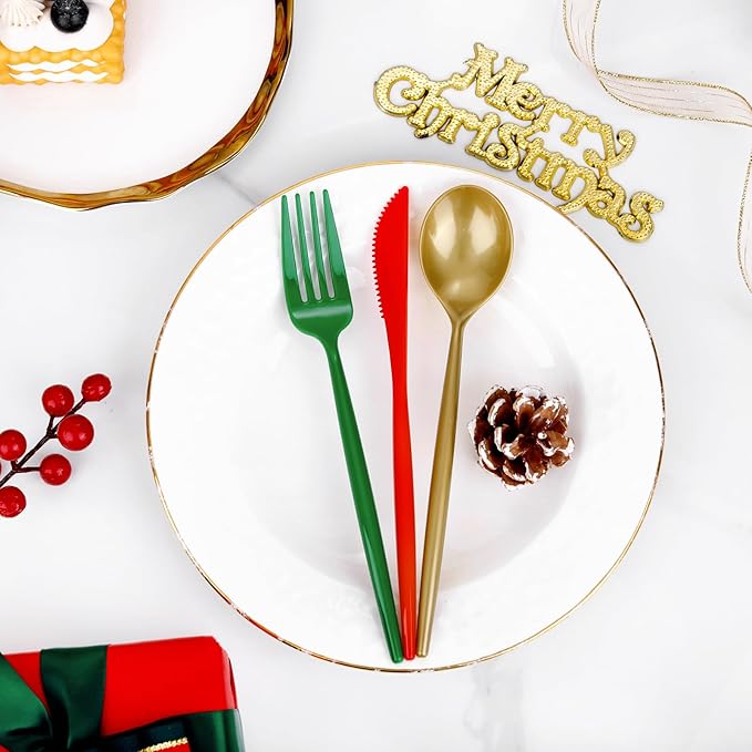 Rubtlamp 180Pcs Christmas Plastic Silverware, Heavy Duty Plastic Utensils, Party Disposable Flatware, Plastic Cutlery Sets Include 60 Green Forks, 60 Brown Gold Plastic Spoons, 60 Red Knives