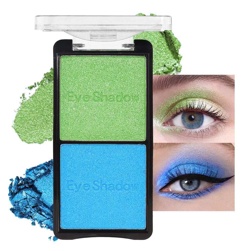 2 colors eye shadow makeup palette, Blue & Green Eyeshadows Halloween Birthday Party Wear, high pigment eye, matte & shimmer metal eye shadow powder, Blendable, Ultra-Pigmented(02)-BrightBean Baby