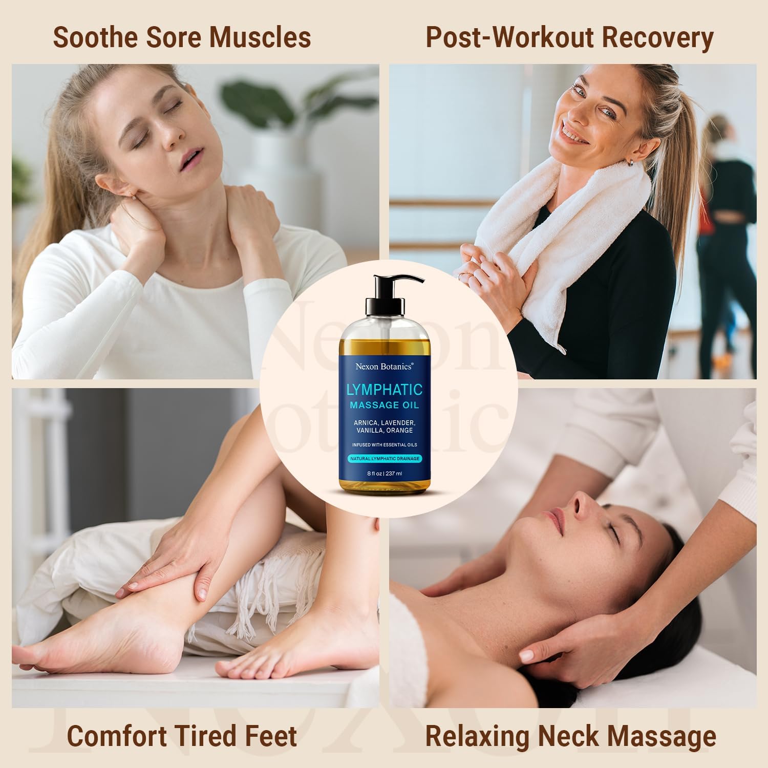 Lymphatic Drainage Massage Oil for Massage Therapy 8 fl oz - Refreshing and Relaxing - Natural Oils with Arnica, Vanilla and Lavender Oil - for Men and Women - Nexon Botanics-BrightBean Baby