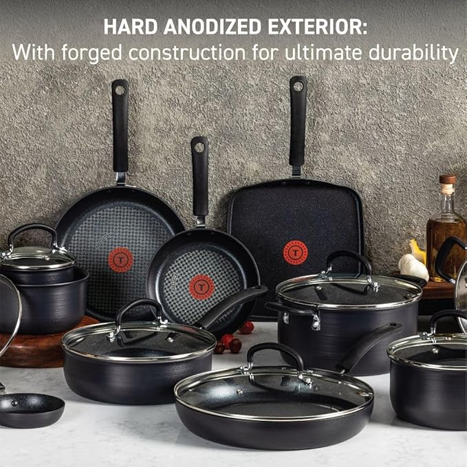 T-Fal Ultimate Hard Anodized Nonstick Cookware Set 17 Piece - Black Pots and Pans