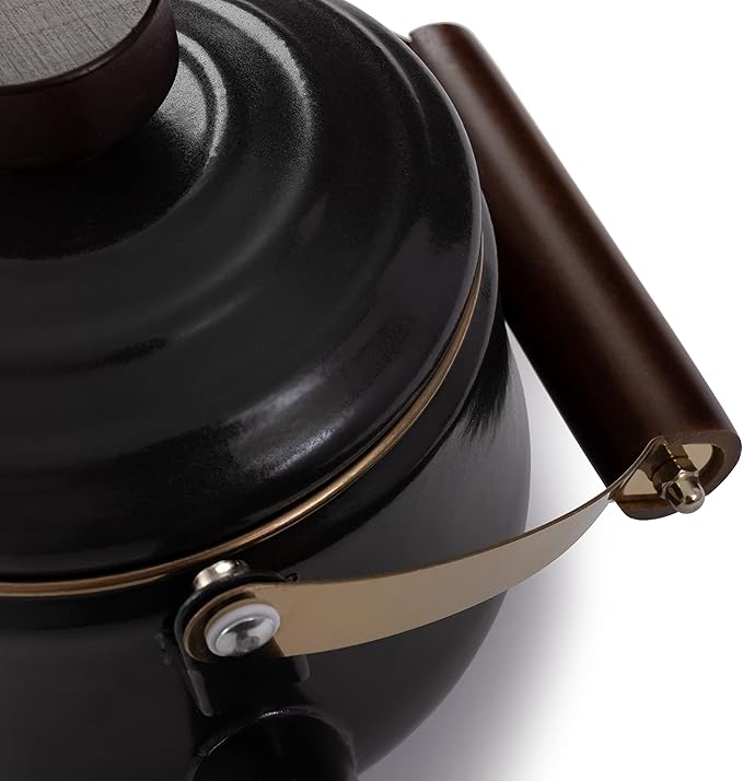 Barebones Enamel Teapot - Vintage Inspired Design - Baked Stainless Steel Rim - FSC Certified Natural Walnut Tea Kettle - 1.5 Liters, 6 Cups (Charcoal)