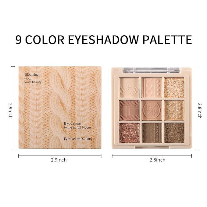 Erinde 9 Colors Eyeshadow Palette, Matte Shimmer Glitter Eye Shadow Makeup Palette, Highly Pigmented Long Lasting Waterproof, Natural Neutral Nude Eyeshadow Makeup Pallet, Cashmere-BrightBean Baby